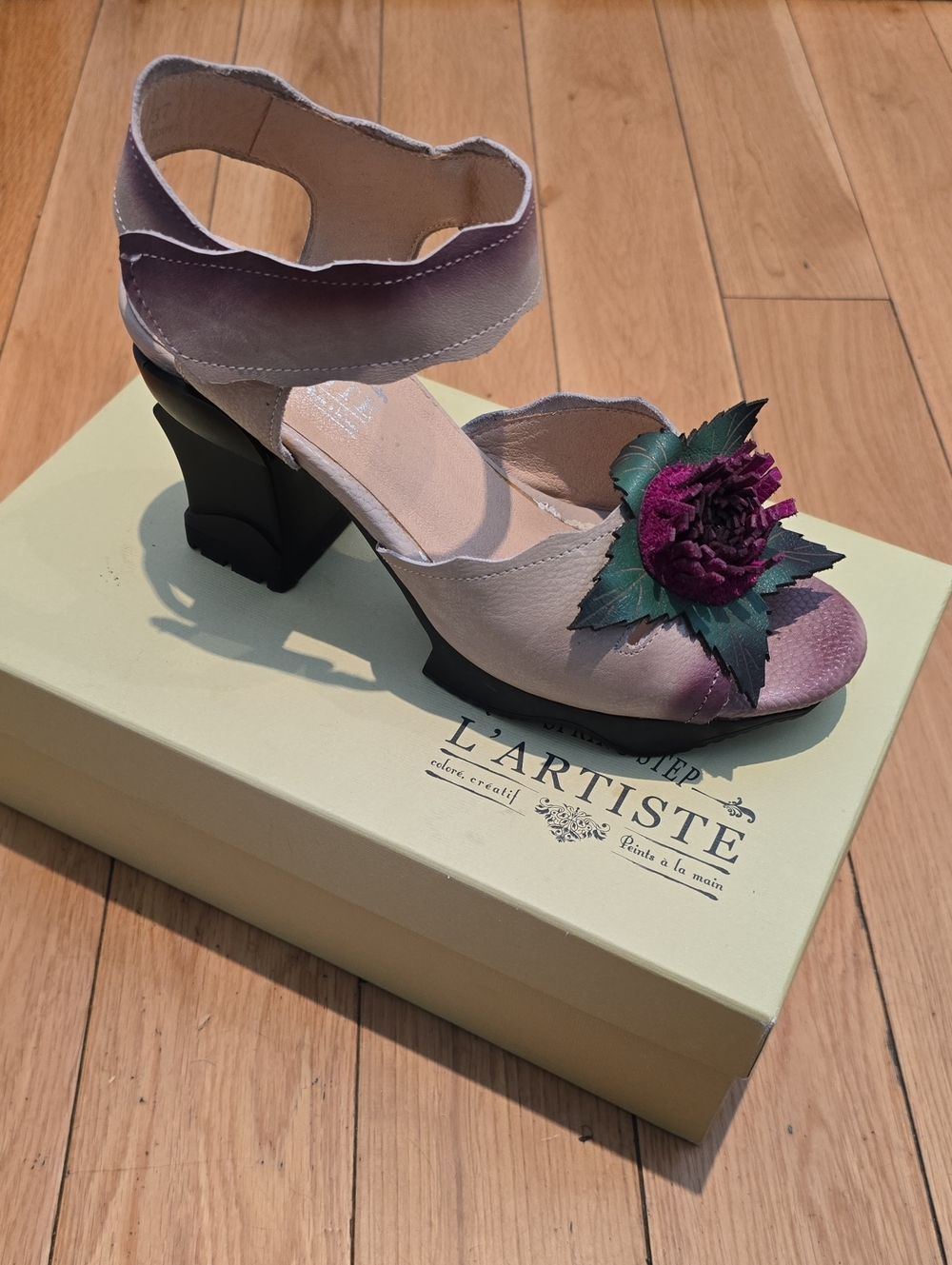 L'ATISTE Lavender Floral Leather Ankle-Strap Heel